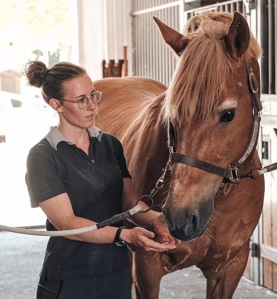Marie Roig Pons, intervenante, tenant par la longe un cheval alezan et lui tendant la main, à l'écurie